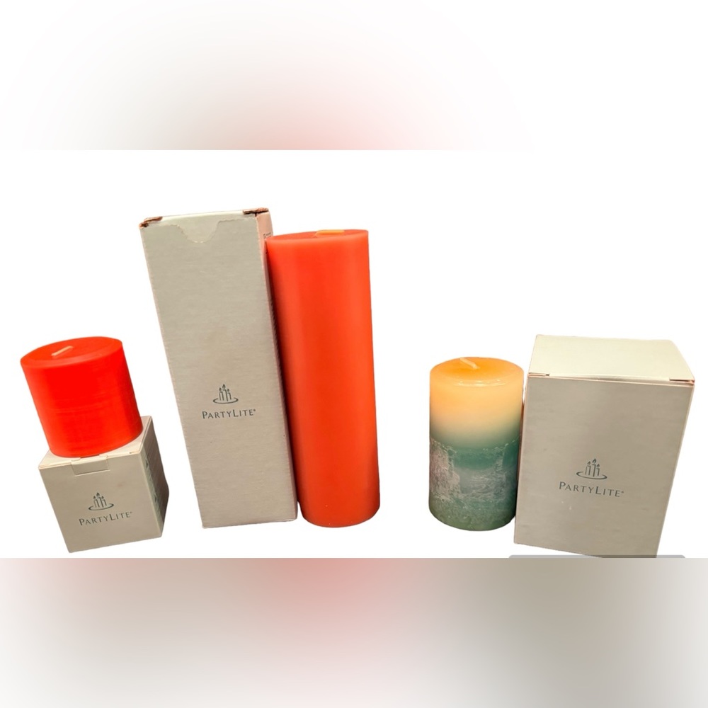 NWOT PartyLite Candles/3 Pillar Candles/Never Used/3”x9”/3”x5”/3”x3”/Wrapped